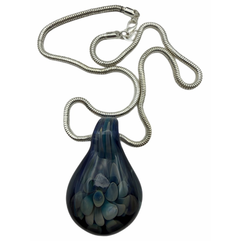 Hand Blown Glass Pendant Necklace Blue Opal Floral Implosion Teardrop Chain
